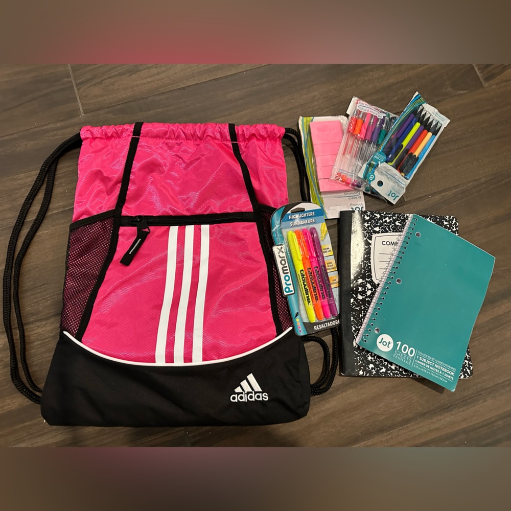 Adidas Pink and Black Drawstring Bag with supplies New UNISEX